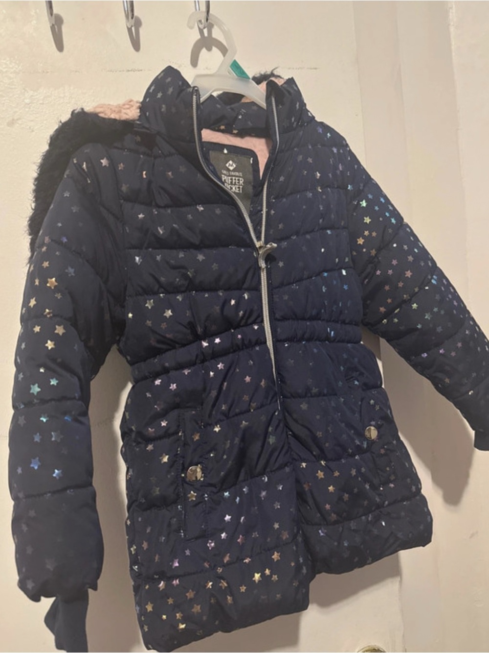 Girls' Navy Star Print Puffer Coat with Hood